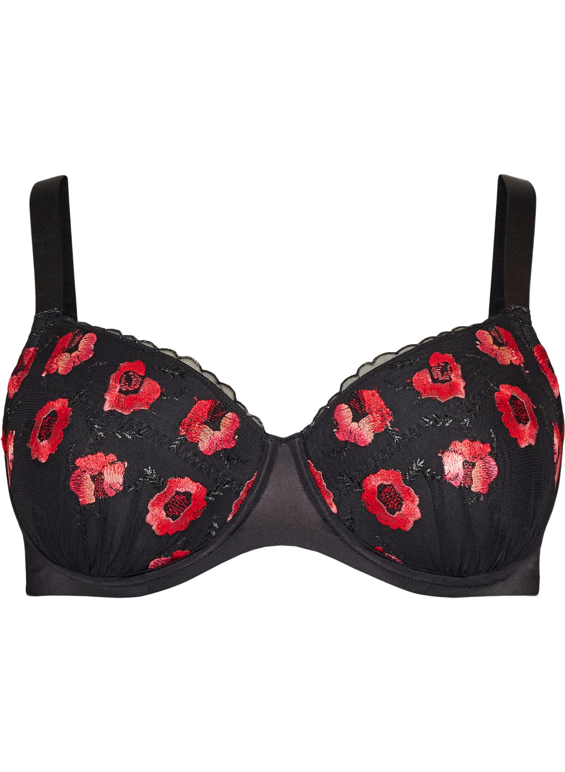 ZizziVatteret bh med b&oslash;jle og blomsterbroderi, Sort, Packshot image number 0