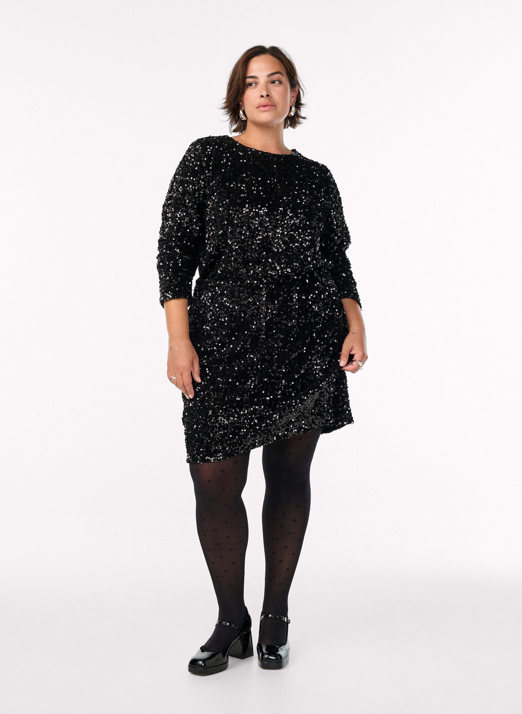 Zizzi Pailletbluse med lange &aelig;rmer, Sort, Model image number 1