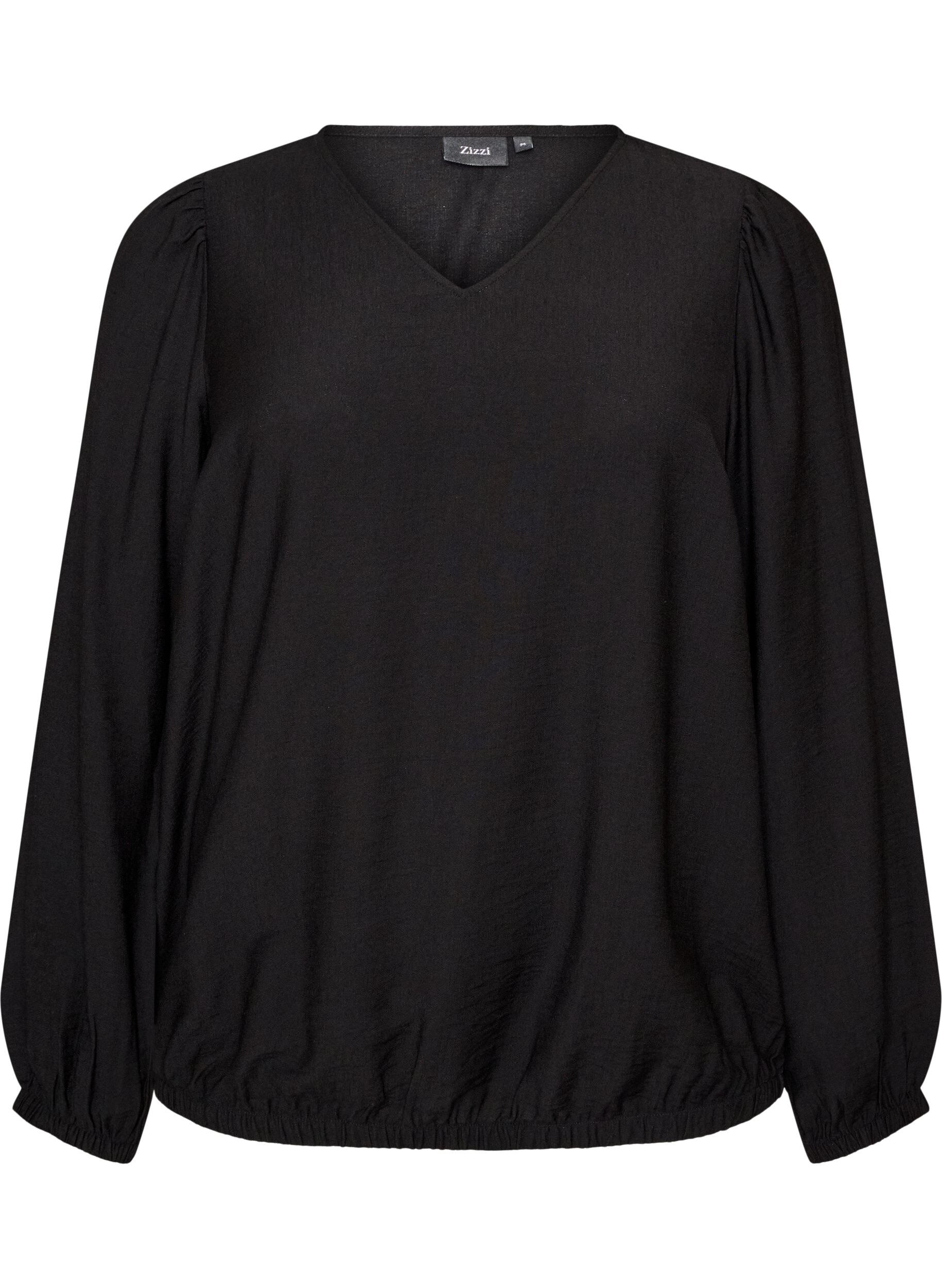 ZizziViskosebluse med V-hals og ballonpasform, Sort, Packshot image number 0