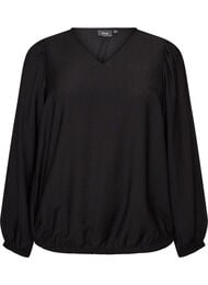 Viskosebluse med V-hals og ballonpasform, Sort