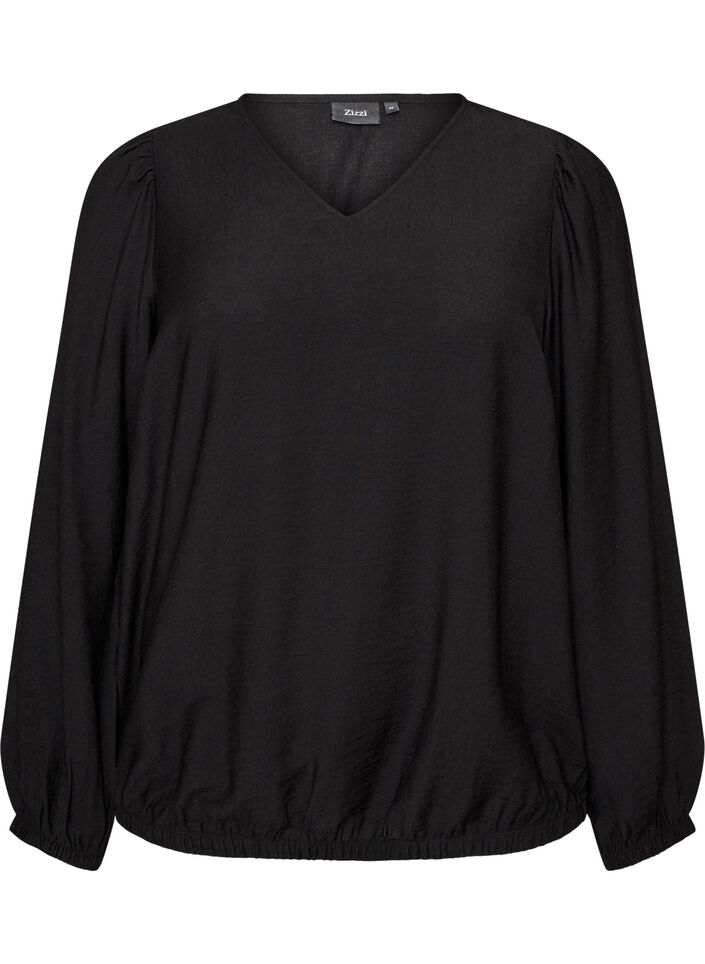 Viskosebluse med V-hals og ballonpasform, Sort, Packshot image number 0
