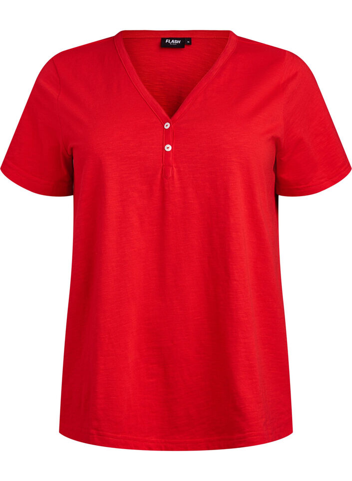 T-shirt med knapdetalje, R&oslash;d, Packshot image number 0