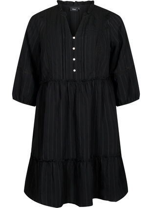 Stribet kjole i viskose med blondebånd og 3/4 ærmer, Black, Packshot image number 0