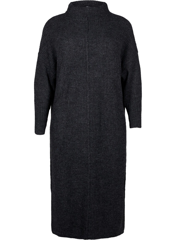 Lang oversize strikkjole med slids, Gr&aring;, Packshot image number 0