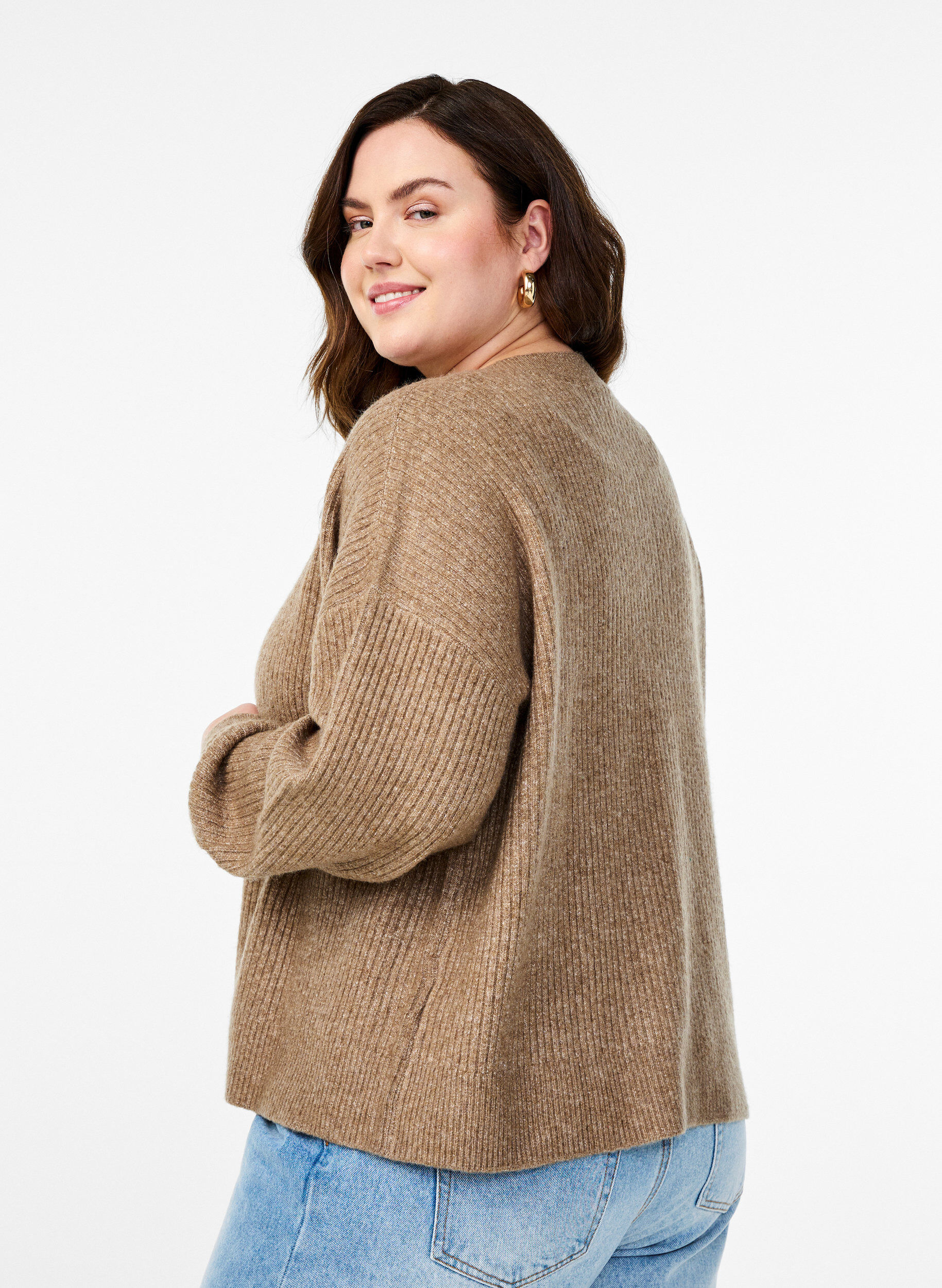 Zizzi Ribstrikket cardigan med knapper, Brun, Model image number 2