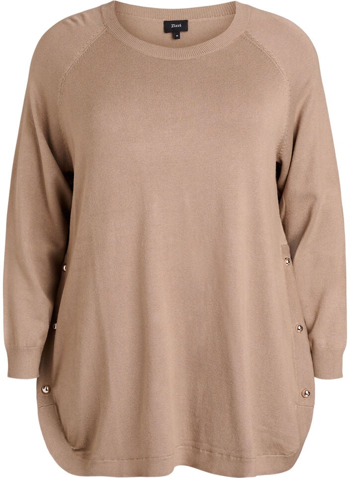 Strikbluse med knapper i siden, Beige, Packshot image number 0