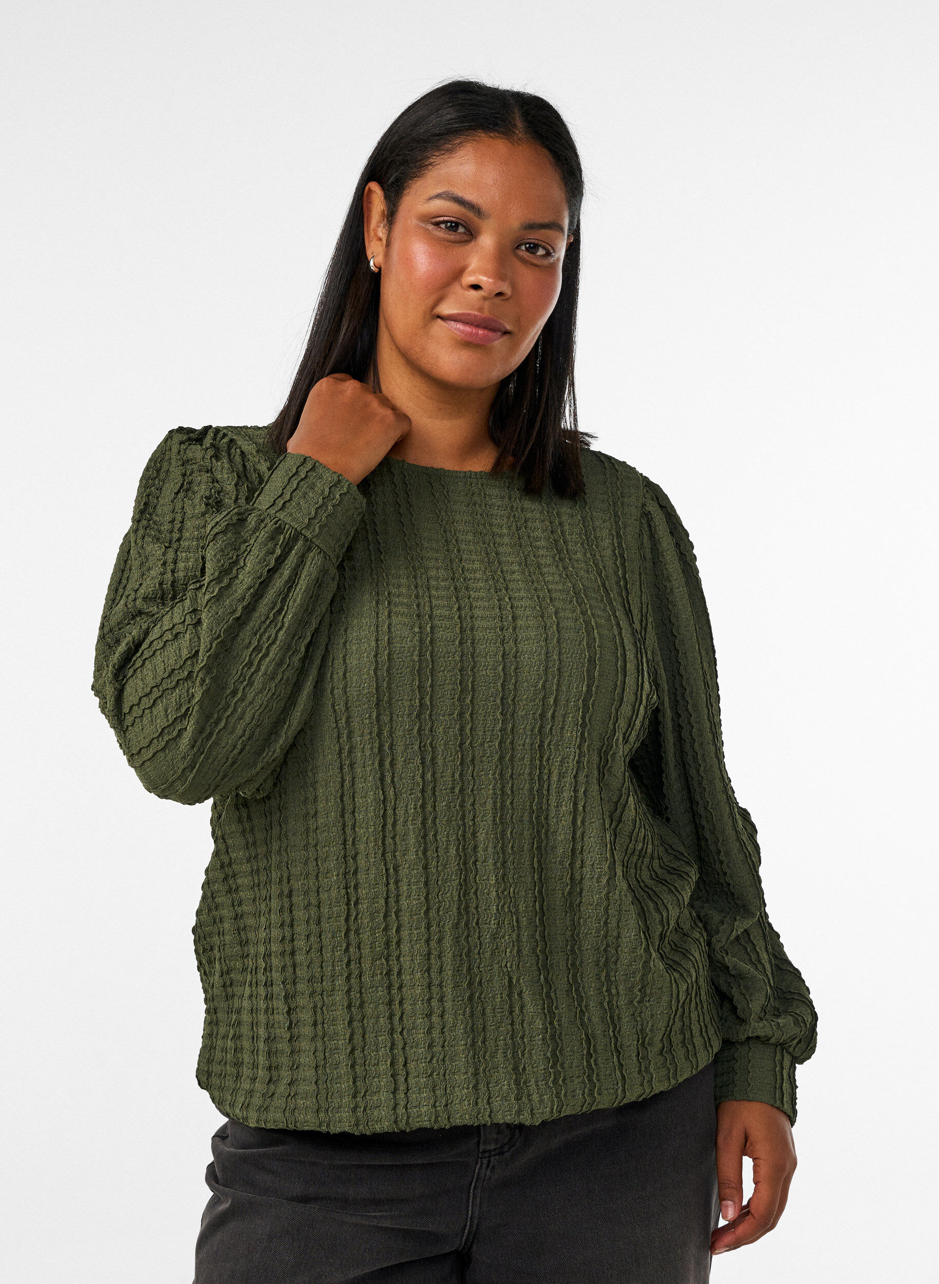 Jerseybluse med struktur og ballonform, Gr&oslash;n, Model