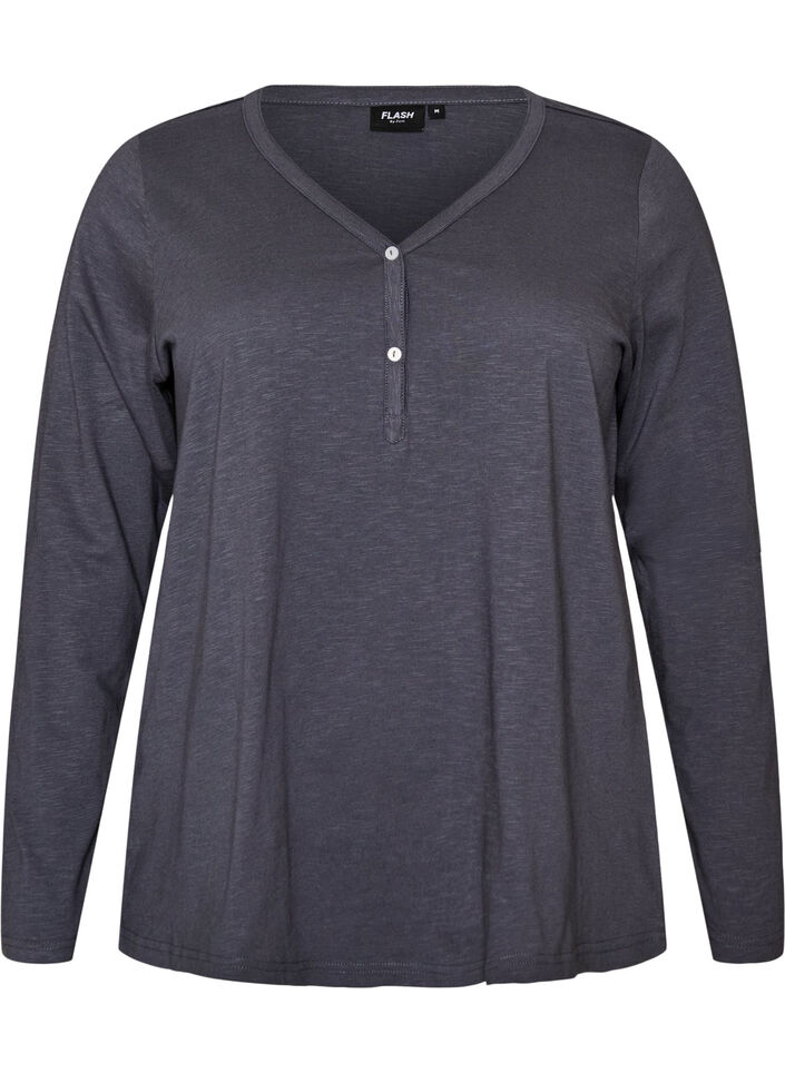Lang&aelig;rmet t-shirt med V-hals og knapper, Gr&aring;, Packshot image number 0