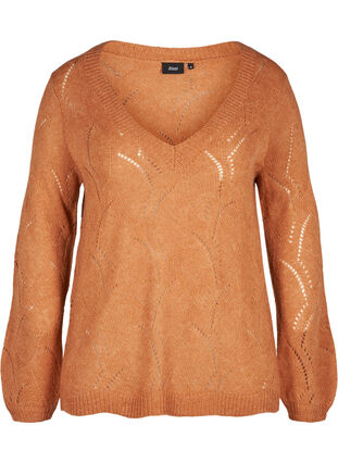 Mønstret strikbluse med uld, Amber Brown MEL, Packshot image number 0