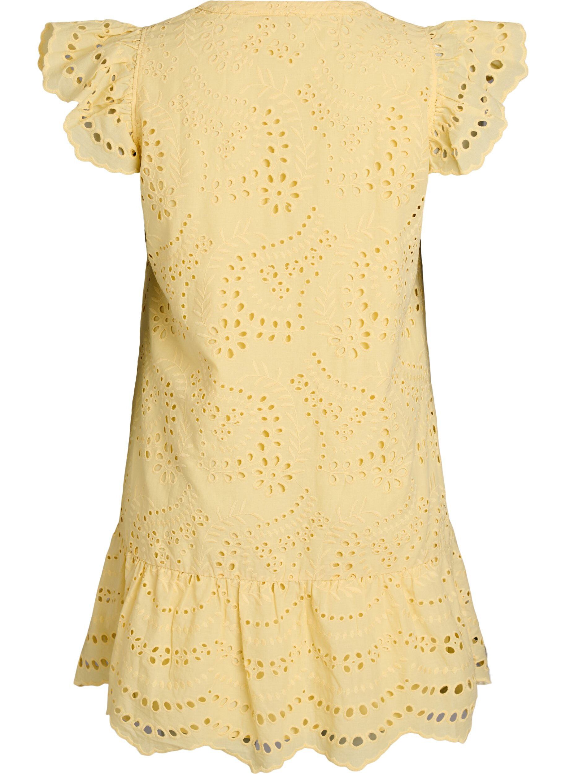 Zizzi Kjole i broderie anglaise med fl&aelig;se&aelig;rmer, Gul, Packshot image number 1