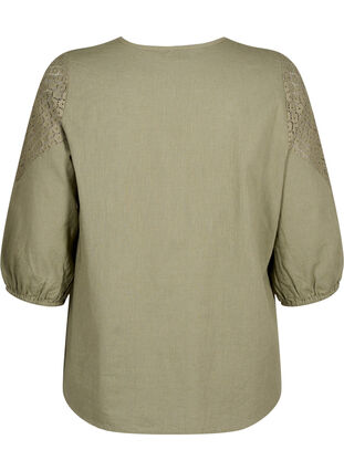 Bluse i bomuldsmix med hør og crochetdetalje, Deep Lichen Green, Packshot image number 1