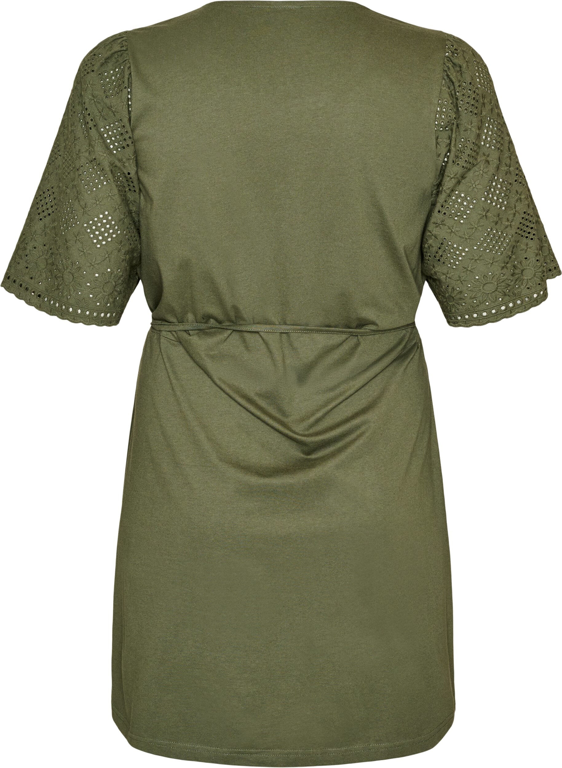 ZizziBomuldskjole med broderie anglaise-&aelig;rmer og bindeb&aring;nd, Gr&oslash;n, Packshot image number 1
