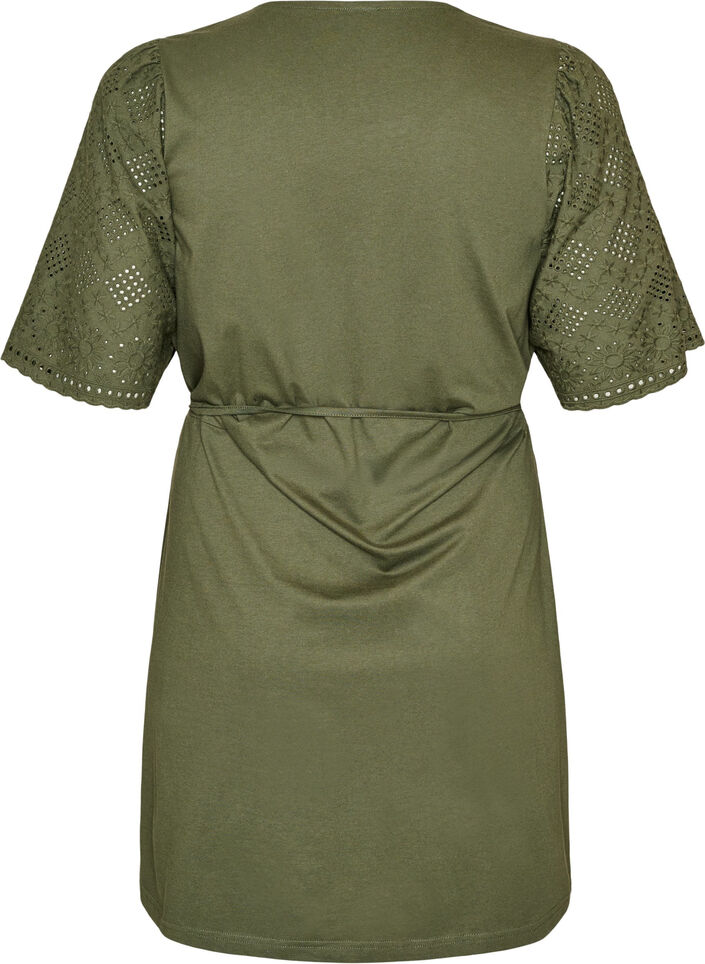 Bomuldskjole med broderie anglaise-&aelig;rmer og bindeb&aring;nd, Gr&oslash;n, Packshot image number 1