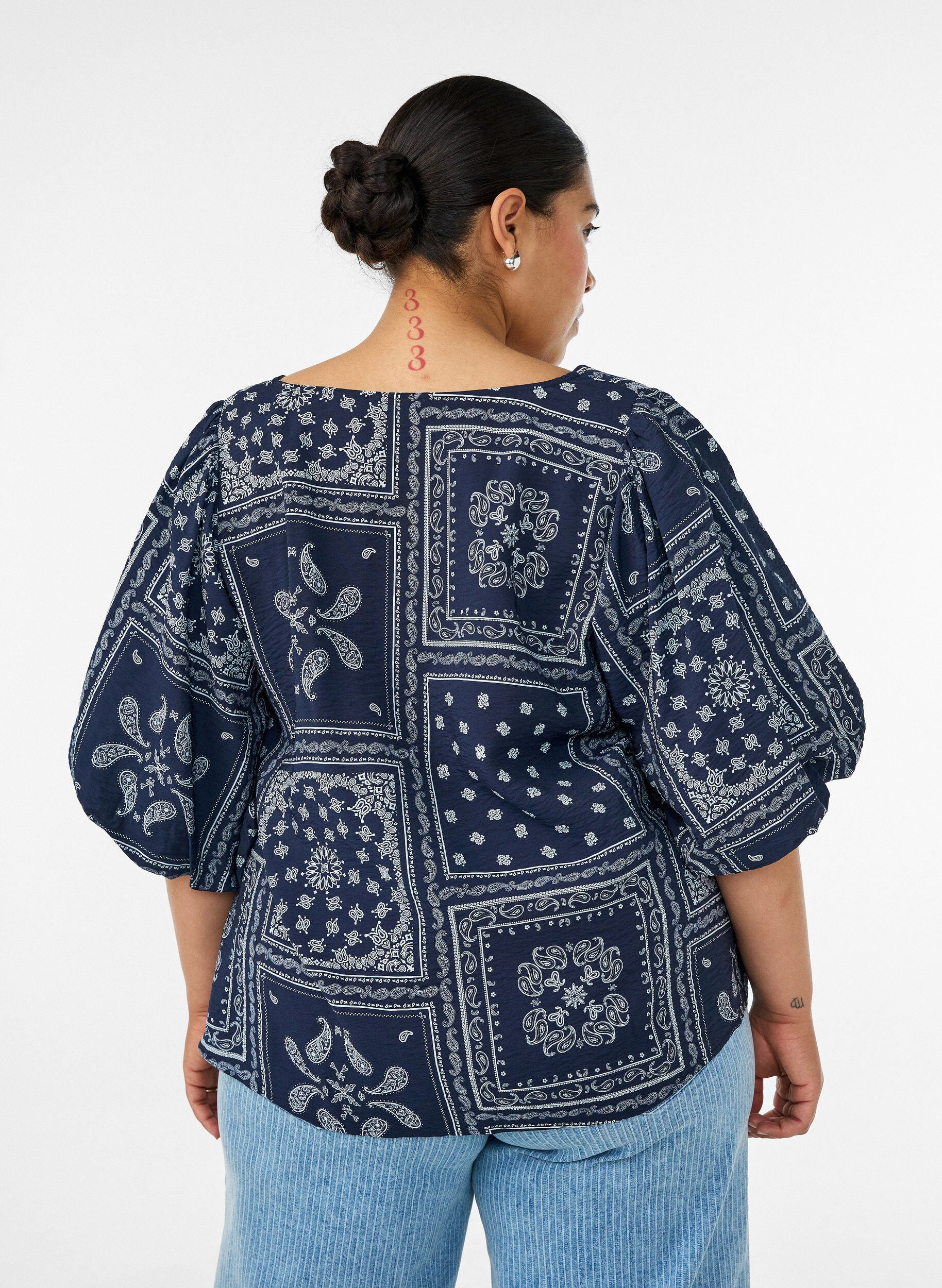 ZizziBluse i viskose med paisleyprint og ballon&aelig;rmer, Bl&aring;, Model image number 2