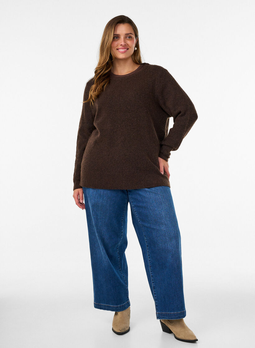 Meleret strikbluse med rund hals, Brun, Model image number 1