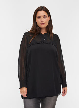 Højhalset bluse med smock- og flæsedetaljer, Black, Model image number 0
