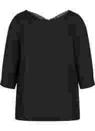 Bluse med 3/4 ærmer og blonderyg, Black