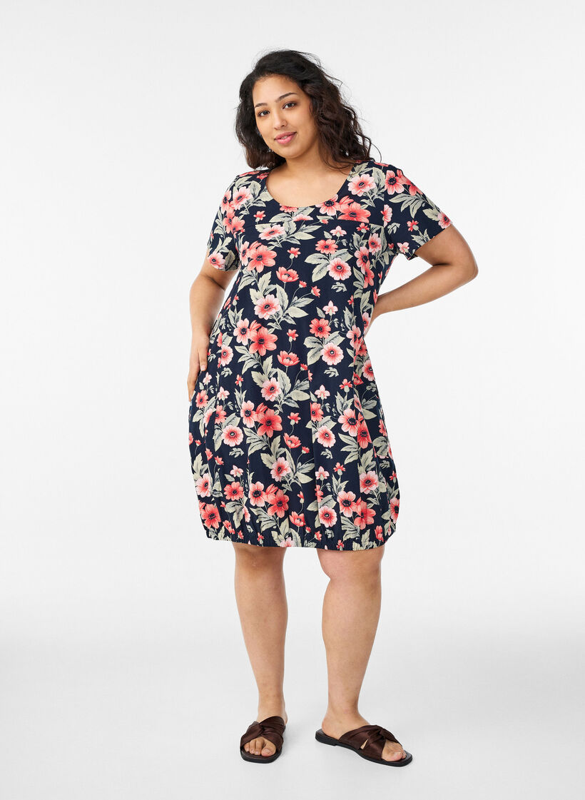 Kort&aelig;rmet bomuldskjole med print, Bl&aring;, Model image number 1