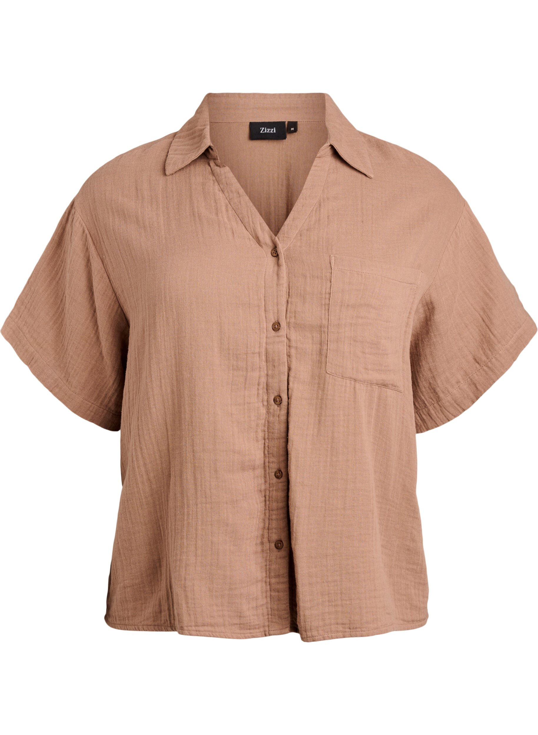 Skjortebluse i bomuldsmusselin med korte &aelig;rmer