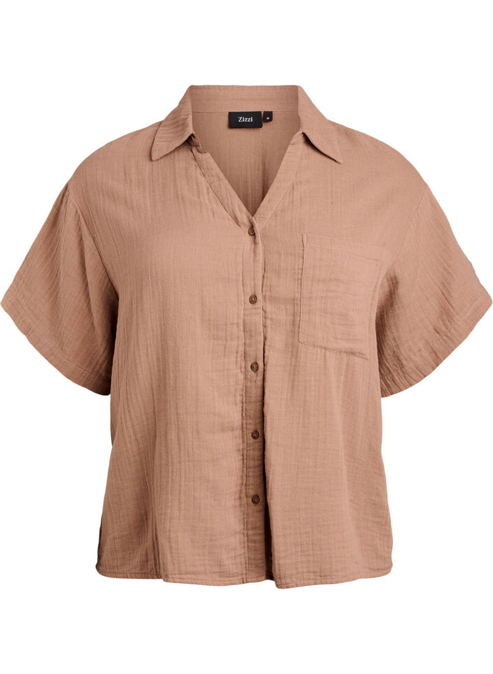 Skjortebluse i bomuldsmusselin med korte &aelig;rmer, Brun, Packshot image number 0