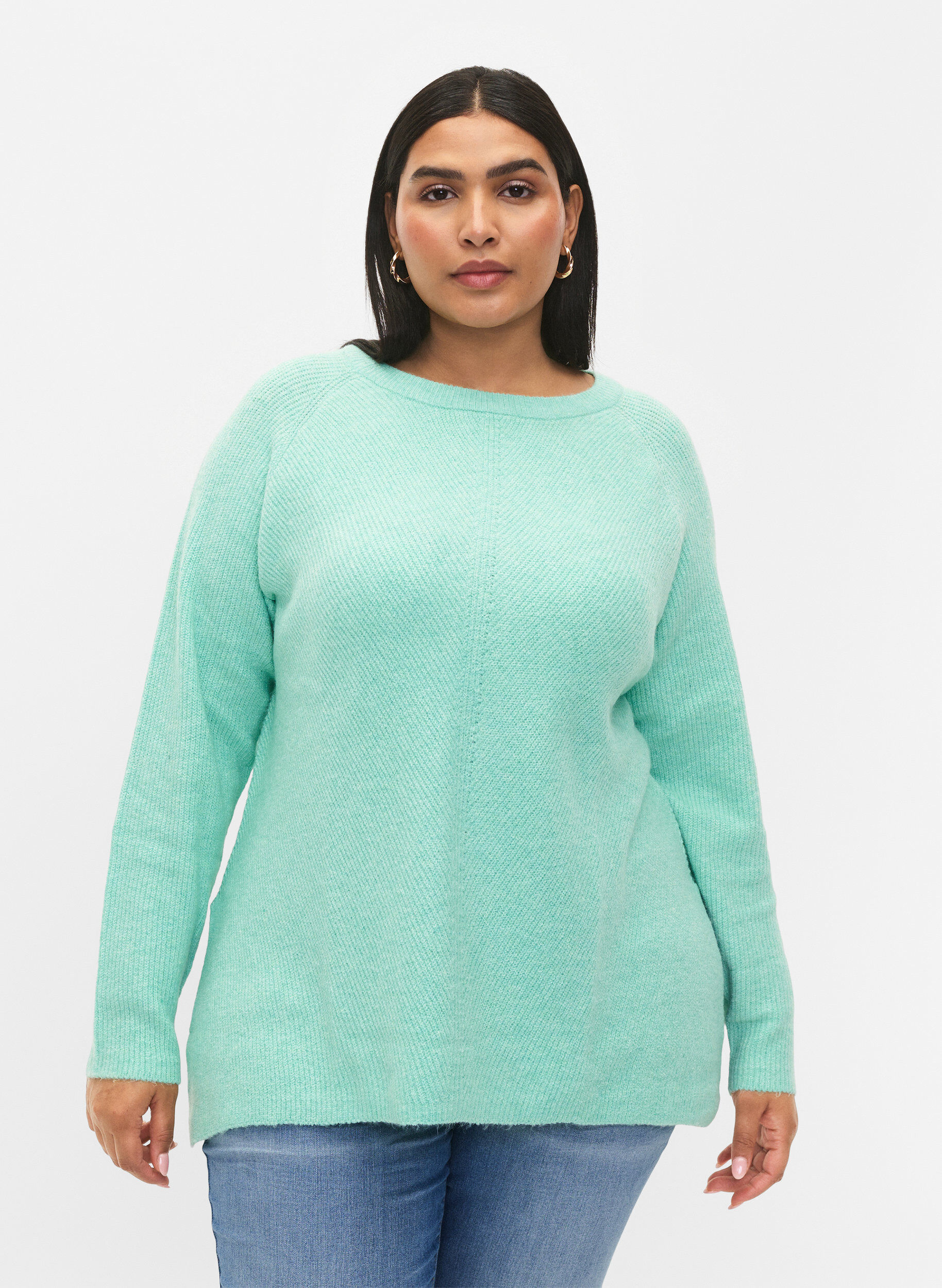 Zizzi Meleret strikbluse med slids i siden, Cabbage/White, Model image number 0