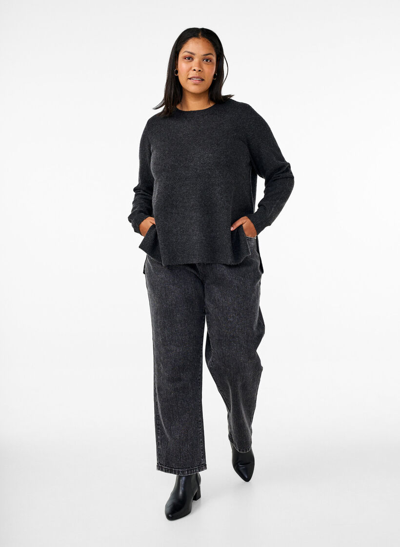 Strikbluse med uld og slidser, Dark Grey Melange, Model image number 2