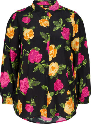 Blomstret viskose skjorte med smock, Black Flower AOP, Packshot image number 0