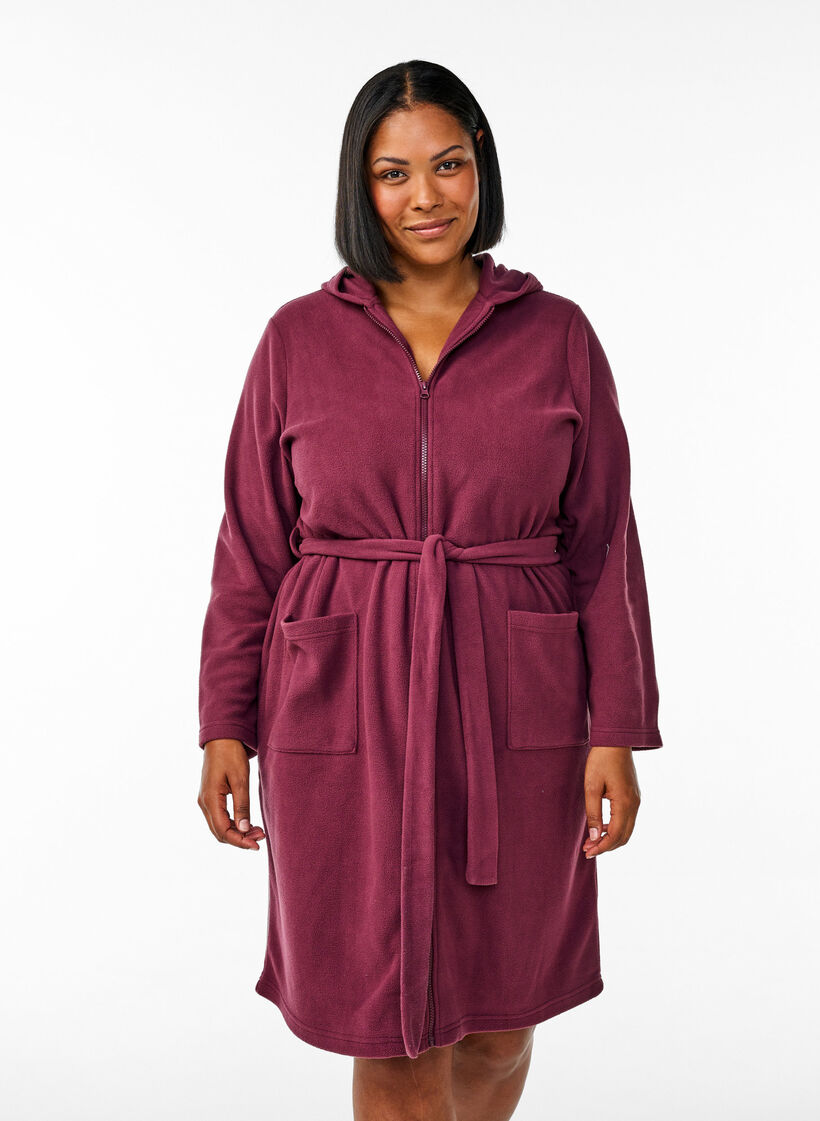 Morgenkåbe med lynlås og hætte, Mørk Bordeaux, Model image number 0