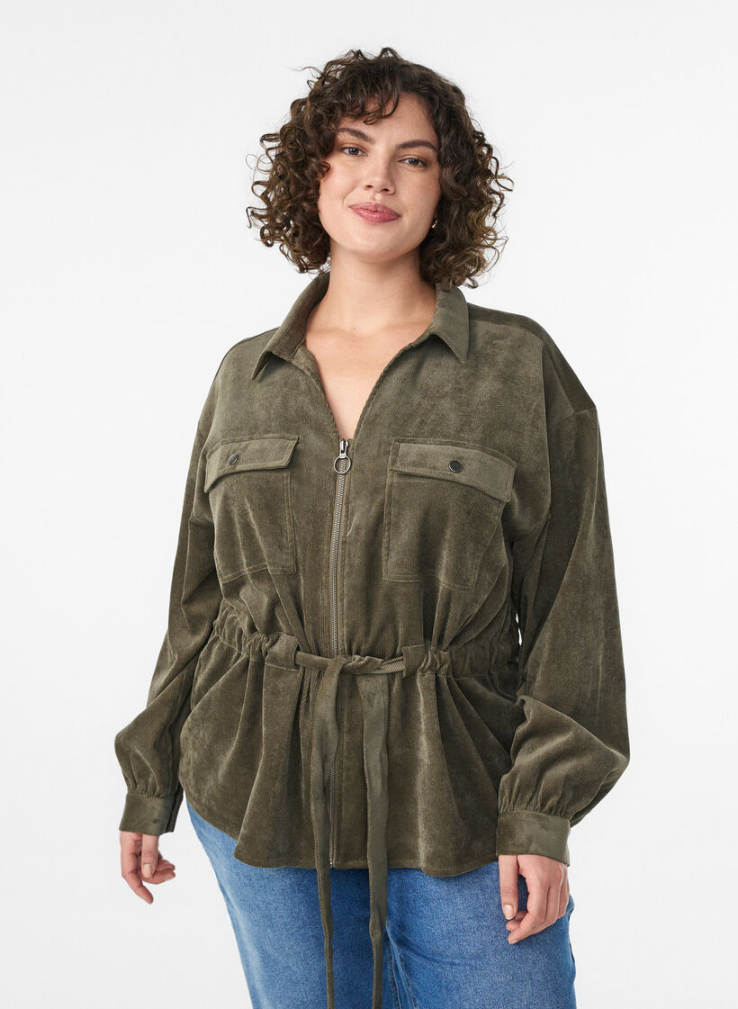 Skjortejakke i fløjl med bindebælte og lommer, Grøn, Model image number 0