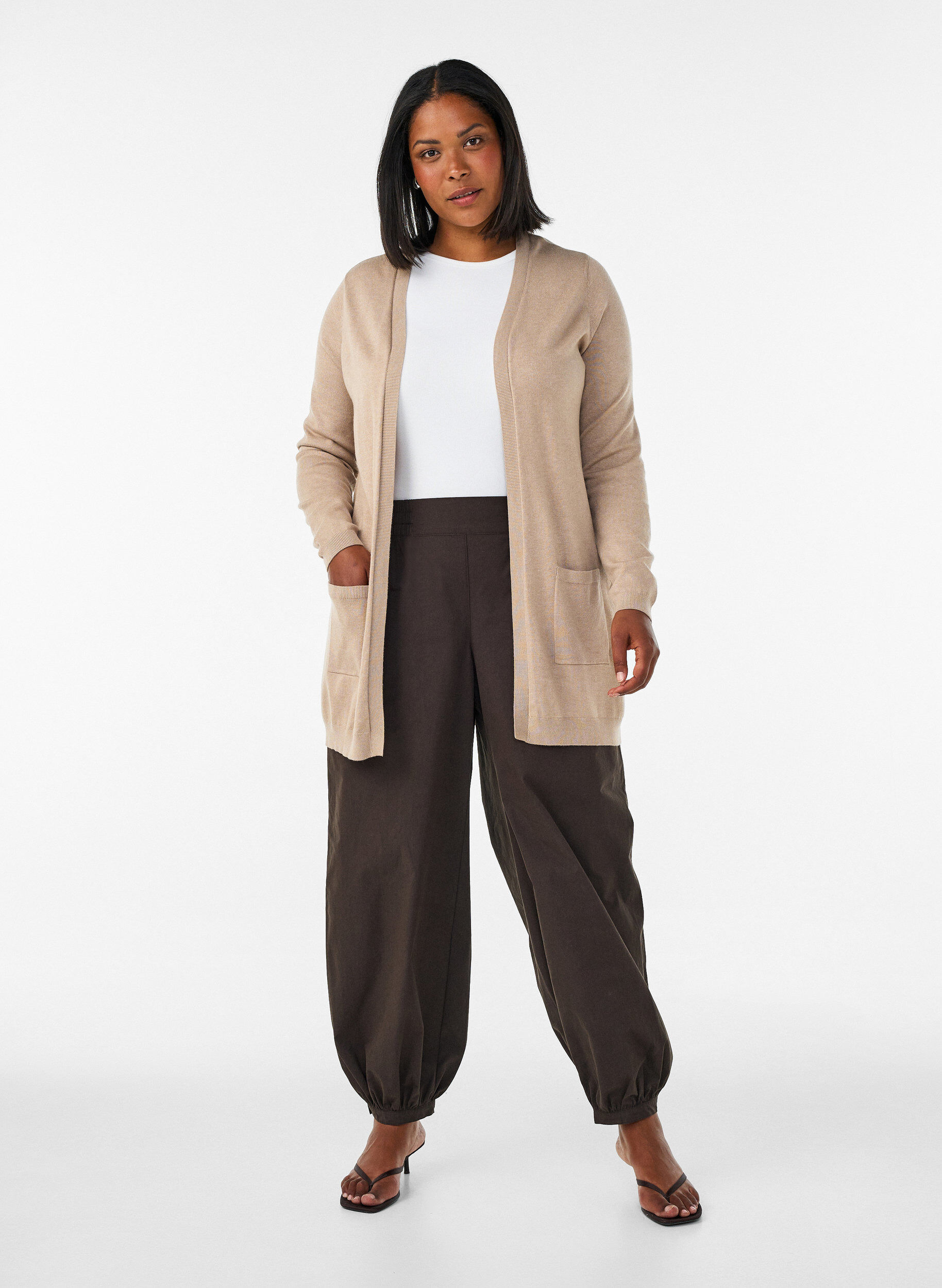 ZizziLang strikcardigan i viskosemix, Beige, Model image number 1