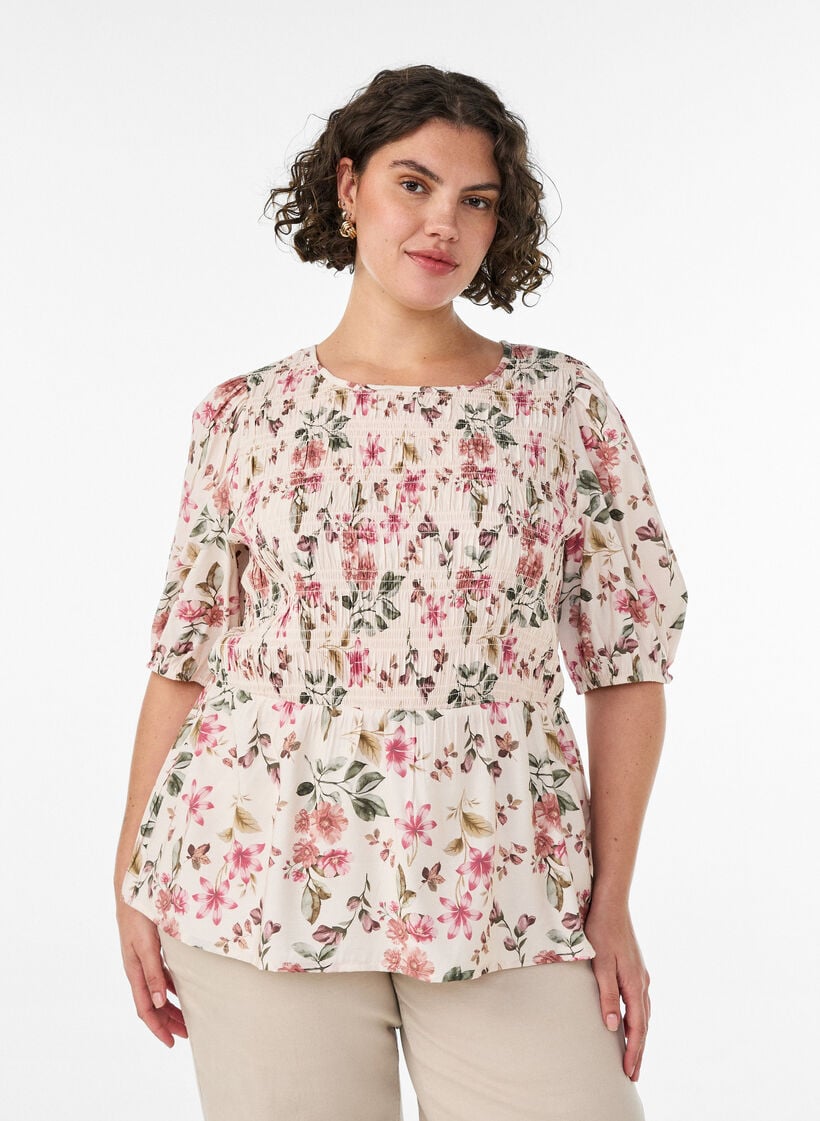 Bluse i viskose med smock og peplum-effekt, Vanilla, Model image number 0