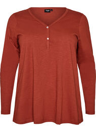 Lang&aelig;rmet t-shirt med V-hals og knapper, Brun