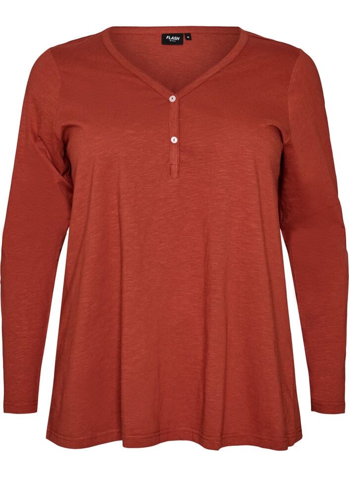 Lang&aelig;rmet t-shirt med V-hals og knapper, Brun, Packshot image number 0