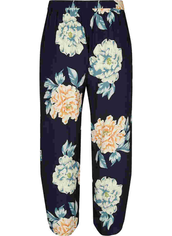 Løstsiddende viskose bukser i blomsterprint, Roses on Navy, Packshot image number 1