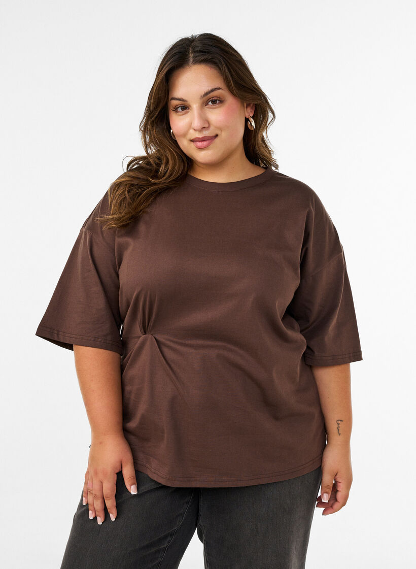 T-shirt med draperet detalje, Brun, Model image number 0