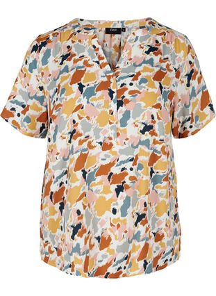 Printet bluse med korte ærmer, Multicolor AOP, Packshot image number 0