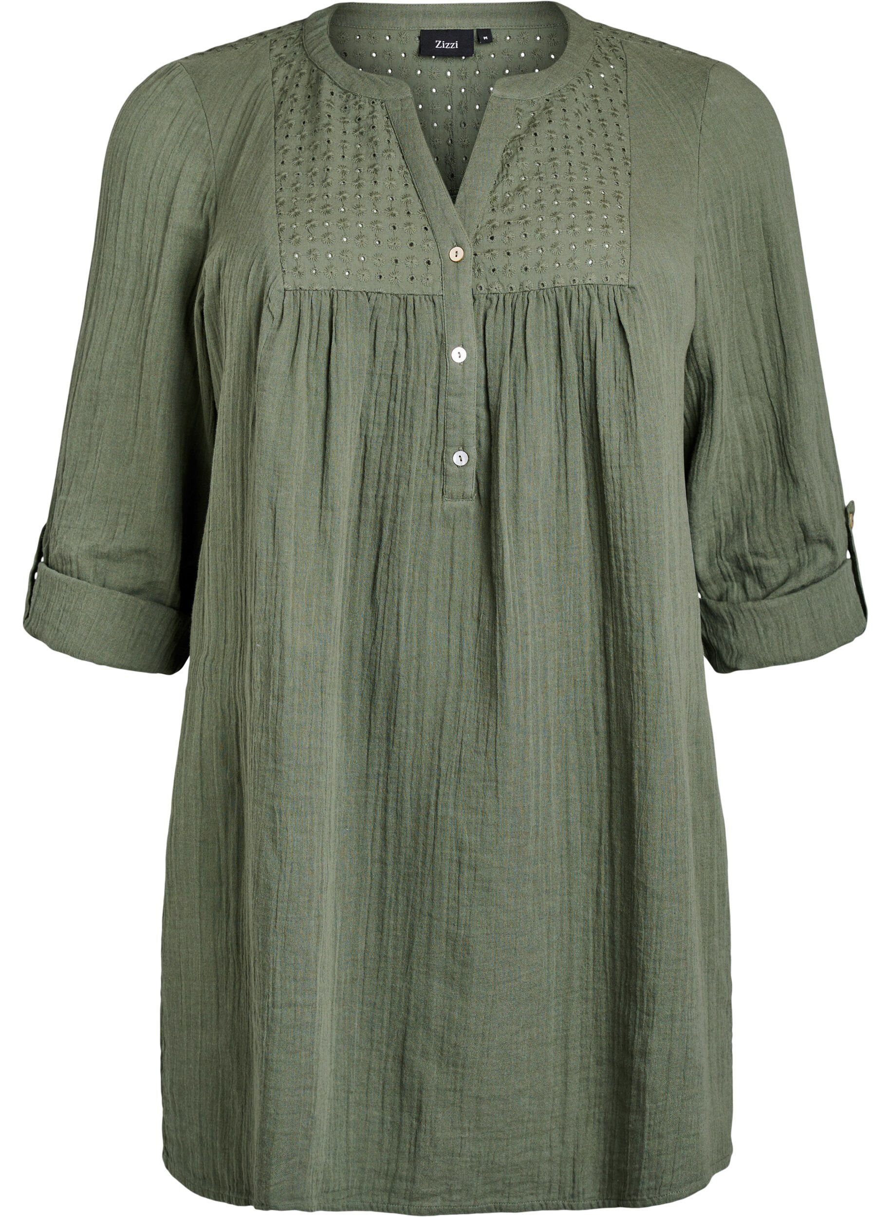 ZizziTunika i bomuldsmusselin med broderi anglaise, Gr&oslash;n, Packshot image number 0