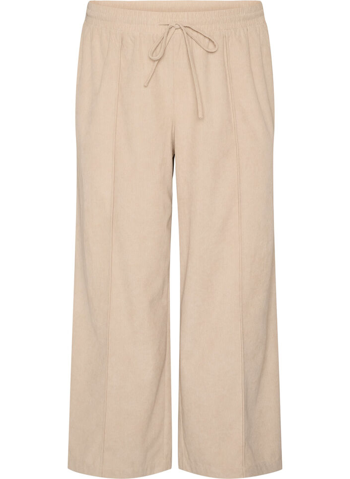 Fl&oslash;jlsbukser med vide ben og h&oslash;j talje, Beige, Packshot image number 0