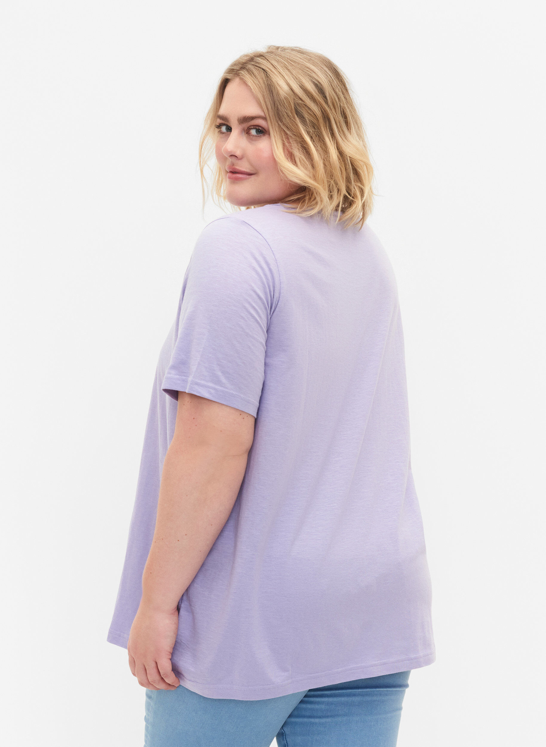 Zizzi Bomulds t-shirt med blondeb&aring;nd, Lavender, Model image number 1
