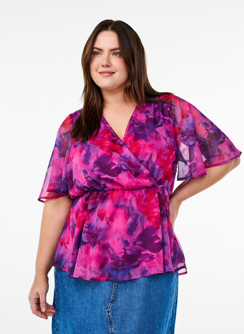 Blomstret chiffonbluse med korte &aelig;rmer, R&oslash;d, Model image number 0