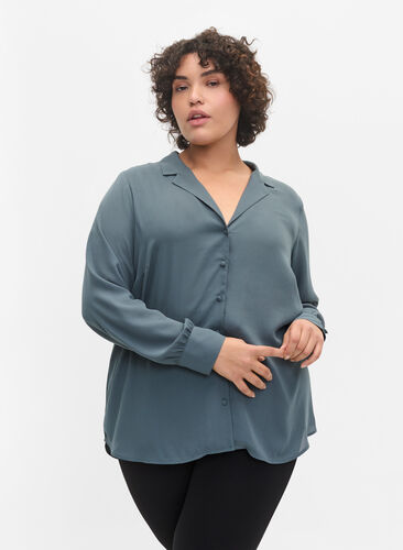 Skjorte med knaplukning og v-udskæring, Balsam Green, Model image number 0