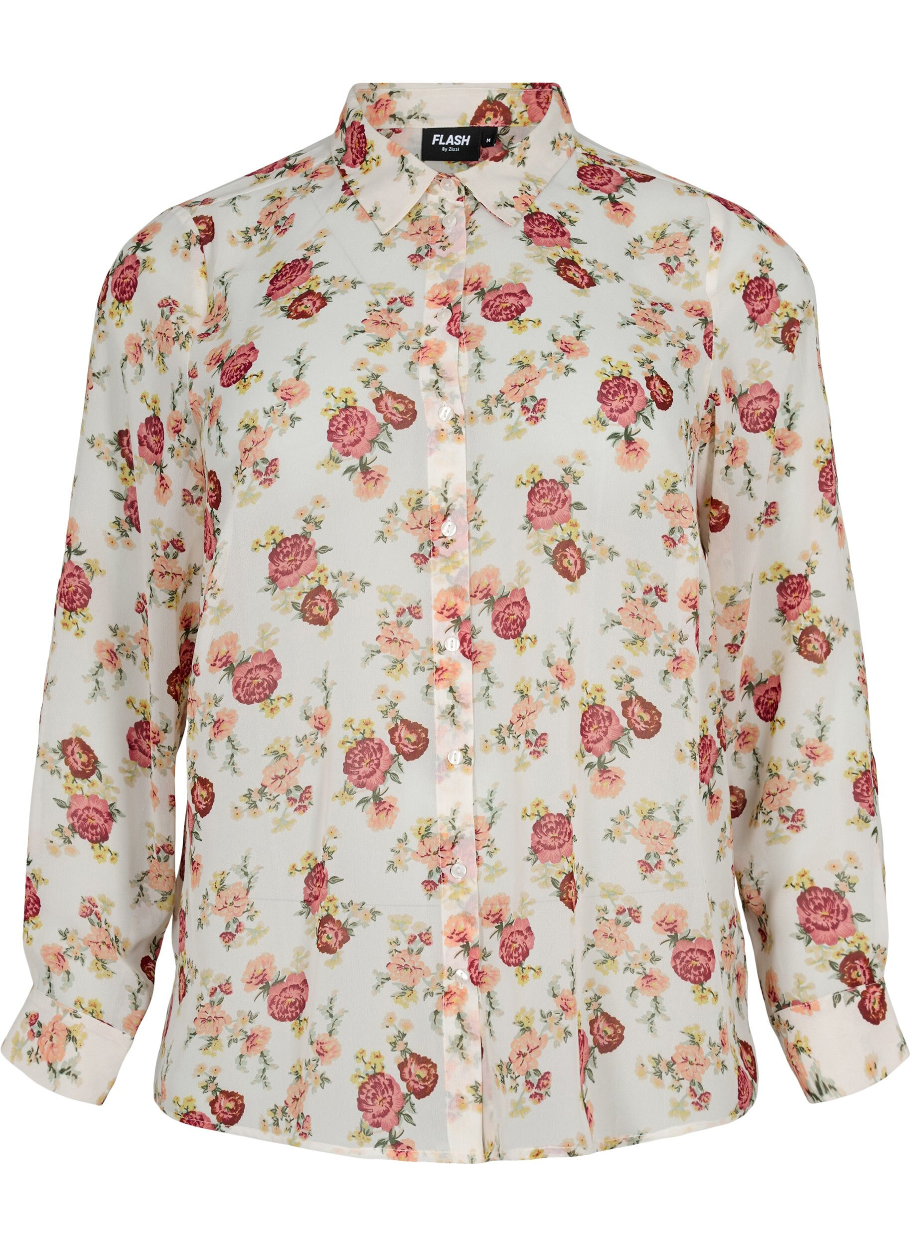 Zizzi FLASH - Lang&aelig;rmet skjorte med blomsterprint, Off White Flower, Packshot image number 0