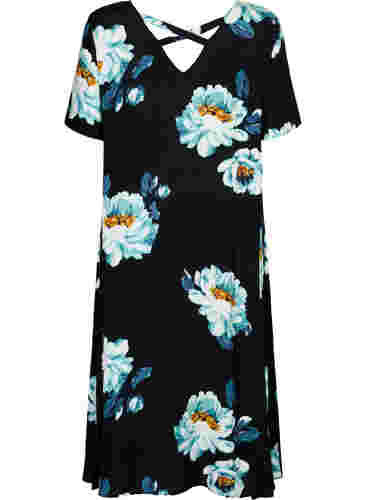 Blomstret kjole med korte ærmer i viskose, Black Big Flower, Packshot image number 1