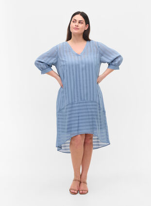 Viskose kjole med 3/4 ærmer og v-hals, Coronet Blue, Model image number 2