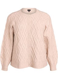 Strikcardigan med perleknapper og kabelmønster, Beige
