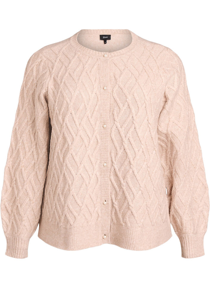Strikcardigan med perleknapper og kabelmønster, Beige, Packshot image number 0
