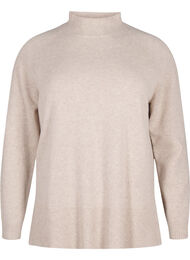Strikbluse i merinould med turtleneck, Pumice Stone Mel.