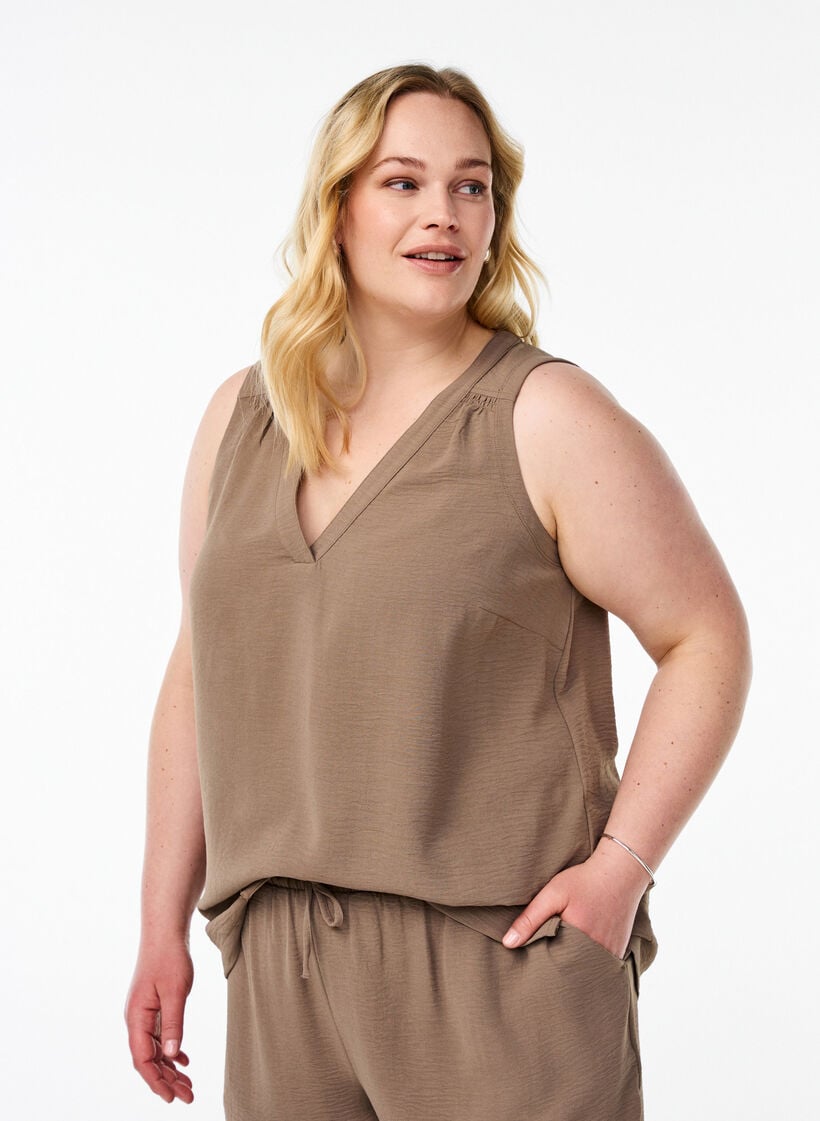 &AElig;rmel&oslash;s top med rynkedetaljer, Brun, Model image number 0