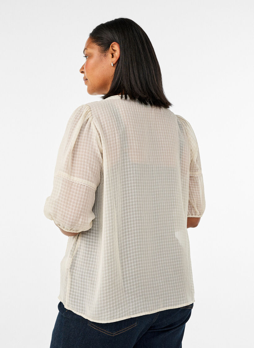 Bluse i b&aelig;k og b&oslash;lge med bindeb&aring;nd, Beige, Model image number 2