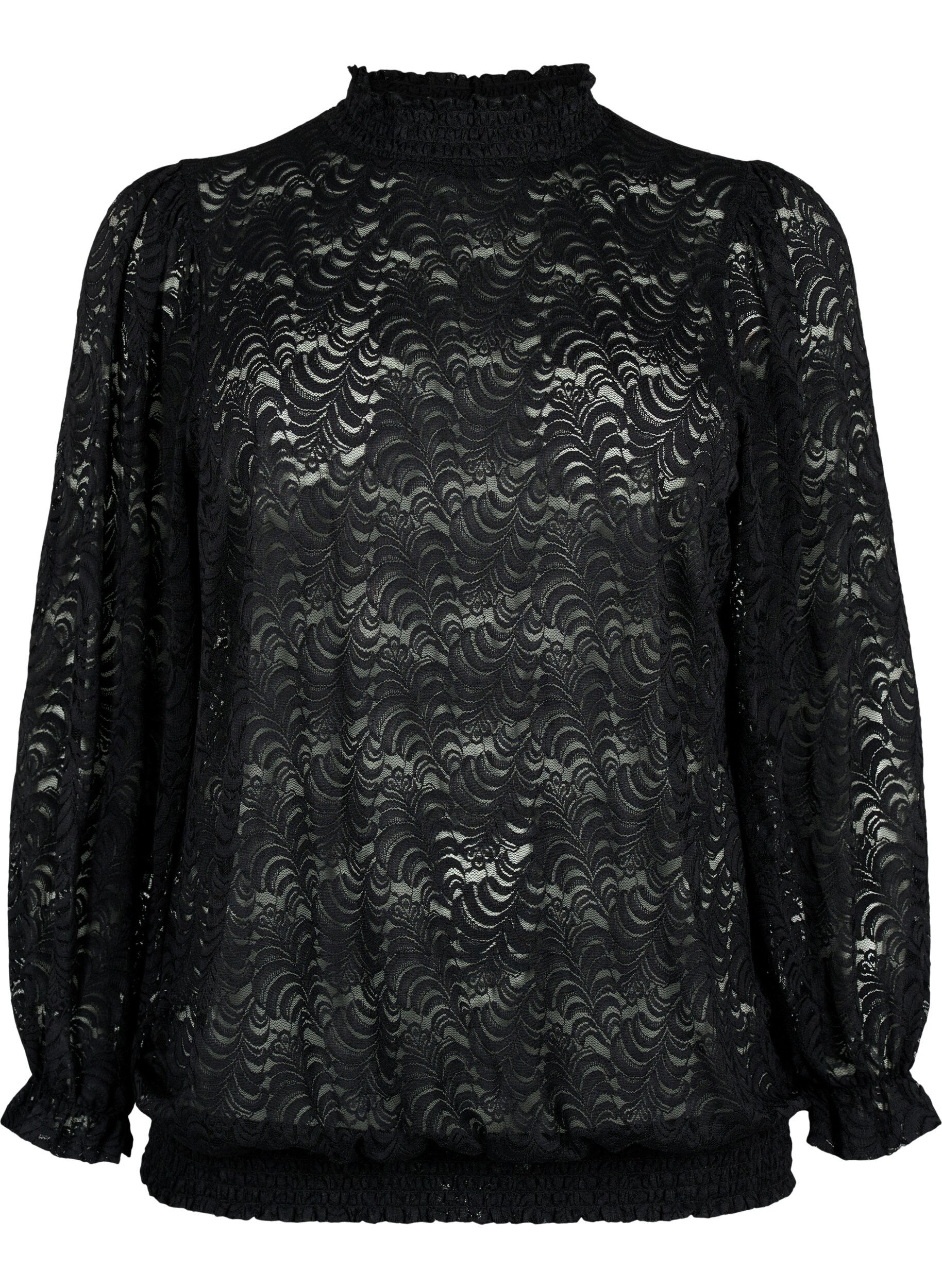Zizzi Lang&aelig;rmet blondebluse med smock, Black, Packshot image number 0